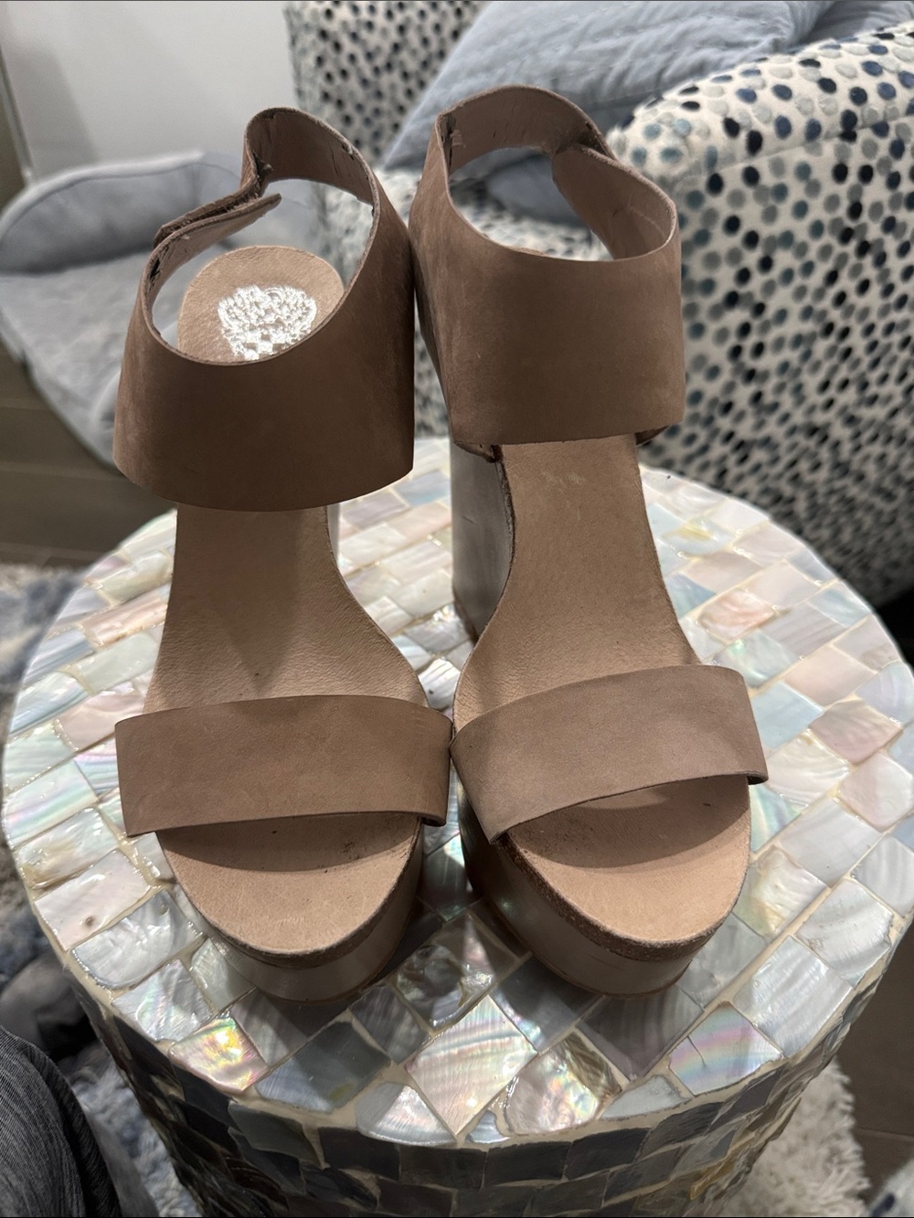 Vince Camuto Taupe Suede Platform Sandals with Ankle Strap